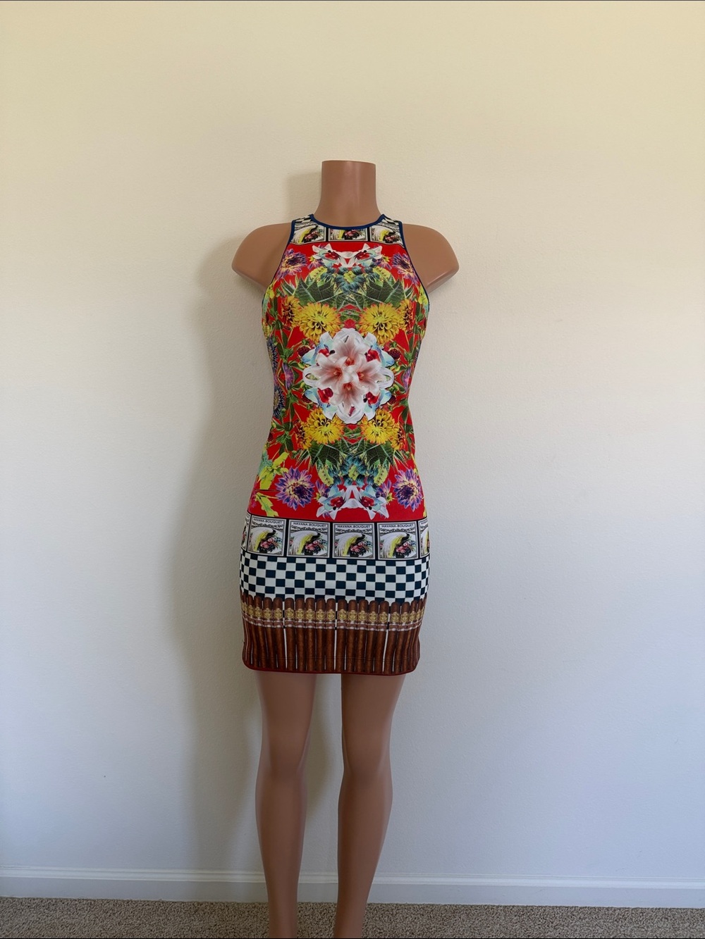 Clover Canyon Red Multi Floral Mosaic Halter Bodycon Dress size medium